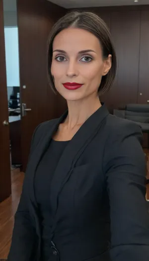 (iphone mirror selfie, holding a grey iphone pro, in front of a mirror:2), mid-50s woman, (businesswoman:1.9), (proportionate head size, head clearly visible, face clearly detailed, portrait-level facial detail), (dark hair, wide box bob haircut tucked neatly behind both ears, no bangs, fully exposed forehead, entire forehead visible, unobstructed hairline, forehead completely clear, hair away from face, ears fully visible:1.8), (no glasses:1.6), (slender face, large forehead, round cheeks, soft jawline:1.2), (almond eyes, hazel eyes, thin eyebrows), (high facial detail, detailed eyes, symmetrical eyes:1.3), (thin nose, slender nose:1.2), (average height, slender, thin arms:1.8), (very small breasts:1.8), (very lean physique, low body fat, naturally athletic build, fit, graceful musculature, slender athletic frame:1.8), (pronounced clavicles, visible collarbones, subtly defined arm muscles, lean athletic proportions:1.9), (realistic skin details:1.3), (smiling, elegant makeup, eyeliner, defined eyelashes, red lipstick:1.4), (wearing dark suit:1.9), (modern executive office, spacious room, large wooden or glass desk, ergonomic chair, floor-to-ceiling windows, minimalist luxury design, neutral tones, high-end materials, soft ambient lighting, professional corporate environment, photorealistic, ultra-detailed:1.8), selfie, <lora:Instagram_Selfie_SDXL:1.5>