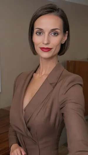 (iphone mirror selfie, holding a grey iphone pro, in front of a mirror:2), mid-50s woman, (businesswoman:1.9), (proportionate head size, head clearly visible, face clearly detailed, portrait-level facial detail), (dark hair, wide box bob haircut tucked neatly behind both ears, no bangs, fully exposed forehead, entire forehead visible, unobstructed hairline, forehead completely clear, hair away from face, ears fully visible:1.8), (no glasses:1.6), (slender face, large forehead, round cheeks, soft jawline:1.2), (almond eyes, hazel eyes, thin eyebrows), (high facial detail, detailed eyes, symmetrical eyes:1.3), (thin nose, slender nose:1.2), (average height, slender, thin arms:1.8), (very small breasts:1.8), (very lean physique, low body fat, naturally athletic build, fit, graceful musculature, slender athletic frame:1.8), (pronounced clavicles, visible collarbones, subtly defined arm muscles, lean athletic proportions:1.9), (realistic skin details:1.3), (smiling, elegant makeup, eyeliner, defined eyelashes, red lipstick:1.4), (wearing brown suit:1.9), (modern executive office, spacious room, large wooden or glass desk, ergonomic chair, floor-to-ceiling windows, minimalist luxury design, neutral tones, high-end materials, soft ambient lighting, professional corporate environment, photorealistic, ultra-detailed:1.8), selfie, <lora:Instagram_Selfie_SDXL:1.5>