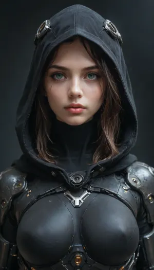Woman, 30, super cute, absolute beauty, cyborgmech, exosuit, cyborg Ninja, huge hood, hood coveres eyes, eyes hidden umder hood, eyes in dark shadow not visible, mouth visible, parted lips, beauty, <lora:CyborgMechExosuit_v1.5:.8>, <lora:Mecha_Ggorgeous_Armor-000011:.8>