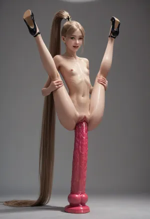 young 19 years old slut, (very skinny:1.3), (skinny long legs:1.1), (high heels:1.3), skinny waist, (long blond hair, biggest sided ponytail:1.3), waspwaist oiled skin, flat chest, hard erect nipples, Squatting, ((((Giant Vaginal Dildo, legs lifted in the air)))), grin, hyper massive huge extreme insane vaginal dildo, extreme vaginal insertion, Largest dildo possible, vaginal xxxl larger than horse dildo, huge vaginal toy, full body view, skinny small body, Tiny body, Giant Goliath dildo by Hankey Toys, extremely wide dildo too big for girl and stretches pussy to breaking point, hyper extreme, dildo wider than her thigh, vaginal dildo, Lora brutal dildo v5, extreme insertion, hyper insertion, (four foot long dildo penetrates her Vagina), and, (((lifts her off her feet))), Full body in view, Giant sized vaginal dildo with huge balls, Biggest dildo imaginable, show full body in view, woman, spreading, legs, creampie, pussy, nude, body, vagina opened very wide by dildo, (spraying cum from her gaping pussy), simple background, mega, side, ponytail, big, hair, <lora:Microwaist_XL_v01:2>, <lora:xl_mega_side_ponytail-1.0:2>