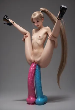 young 19 years old slut, (very skinny:1.3), (skinny long legs:1.1), (high heels:1.3), skinny waist, (long blond hair, biggest sided ponytail:1.3), waspwaist oiled skin, flat chest, hard erect nipples, Squatting, ((((Giant Vaginal Dildo, legs lifted in the air)))), grin, hyper massive huge extreme insane vaginal dildo, extreme vaginal insertion, Largest dildo possible, vaginal xxxl larger than horse dildo, huge vaginal toy, full body view, skinny small body, Tiny body, Giant Goliath dildo by Hankey Toys, extremely wide dildo too big for girl and stretches pussy to breaking point, hyper extreme, dildo wider than her thigh, vaginal dildo, Lora brutal dildo v5, extreme insertion, hyper insertion, (four foot long dildo penetrates her Vagina), and, (((lifts her off her feet))), Full body in view, Giant sized vaginal dildo with huge balls, Biggest dildo imaginable, show full body in view, woman, spreading, legs, creampie, pussy, nude, body, vagina opened very wide by dildo, (spraying cum from her gaping pussy), simple background, mega, side, ponytail, big, hair, <lora:Microwaist_XL_v01:2>, <lora:xl_mega_side_ponytail-1.0:2>