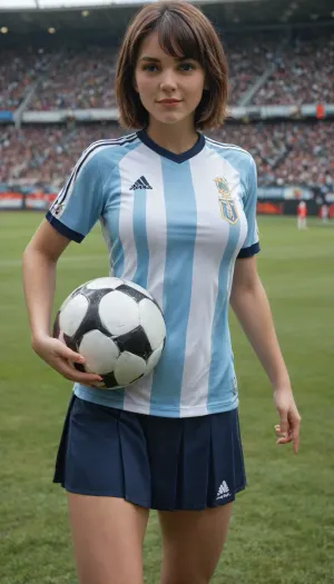 Fifa world cup 2026, soccer field, kicking soccer ball, average girl, busty, oversized loose Argentina soccer jersey, short pleated skirt, no bra, very short brown hair, bangs, fringes, beautiful youthful familiar face, small sleepy eyes, small red lips, powerful active details, slender, slim thigh. Small waist, broad shoulder, smirks, soccer, uniform, <lora:soccer uniform_XL_V1.0:2>