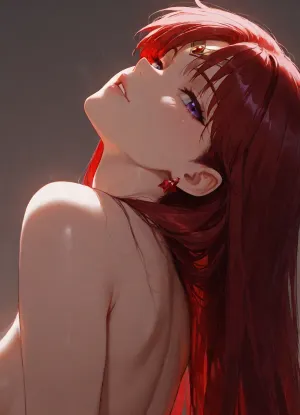 1girl, solo, hino rei, sailor mars, petite, long hair, lightred hair, very long hair, purple eyes, naked shoulders, side view, head focus, detailed face, looking at viewer, naughty face, parted lips, teeth, simple background, masterwork, masterpiece, best quality, high detailed, very aesthetic, 8k
