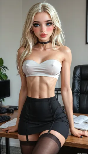 (((young))), (18 yo:1.3), (eyes wide open, big lips), (horny face:1.2), (blushing:1.5), ((white_long_hair:1.3)), (athletic body:1.5), (black stockings with garters:1.2), (portrait view:1.5), (skinny narrow waist:1.4), (skinny belly), slutty clothes, slim hourglass body, (side view), (big perky tits), attractive body, black choker, (black makeup:2), (blue eyes), (into the office sits on the table), (big perky breast:1.5), ((white strapless top:1.5)), (underboobs), (skinny), perfect skin, beautiful face, ultra high details, hdr, natural tits, close up full body view, standing, vivid colors, detailed eyes, 4ng3l, face, <lora:attractive_notrigger:1.7>, <lora:sunnyrayyxo_v1_SDXLBase:1.5>, <lora:SDXL_BetterFaces-LoRA_v1:1.4>, <lora:Voe_Doe:1.3>