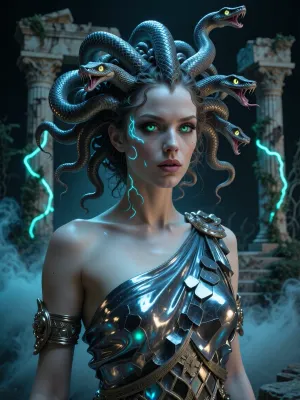 A realistic, dramatic, and exquisitely detailed cinematic portrait of Medusa the Gorgon. She has flawless, pale porcelain skin with a mystical, luminous azure sheen, deep, mesmerizing jade eyes, and slightly parted lips. Instead of hair, she has an intricate, thick mass of writhing snakes growing directly from her hairline, with open mouths and gleaming yellow eyes. She wears an avant-garde interpretation of a Greek women’s chiton, crafted from shimmering metal. In the background stands an ancient, crumbling Hellenistic temple overgrown with vines, some of which glow with a bioluminescent light. Light and shadow, thick fog below, high contrast, photorealism—a masterpiece, with the focus on the eyes and ultra-detailed rendering of textures.