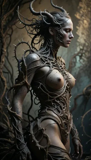 A surreal, dark fantasy portrait of a mystical female figure fused with nature, side profile view. Her skin has the weathered texture of ancient stone or dry bark, gray and earthy tones. She has intricate, twisted vine-like structures extending from her head like hair or antlers, and thorny branches wrapping tightly around her slender torso and arms. Cinematic lighting, dramatic shadows, moody atmosphere, textured background with soft earthy gradients, ethereal and haunting aesthetic, hyper-detailed, intricate carvings on skin, high contrast, H.R. Giger and Zdzisław Beksiński inspiration, 8k, photorealistic, dark fantasy art style.
The artistic style of this image is best described as dark fantasy or surrealism with a strong emphasis on macabre and grotesque elements.

Compositionally, the image utilizes a shallow depth of field to isolate the subject against a textured, ambiguous background. The figure is placed slightly off-center, following the rule of thirds, with its body contorted into a dramatic and unsettling pose. The use of strong diagonal lines, created by the wires and the implied tension in the body, adds dynamism and a sense of struggle. The framing emphasizes the form of the body, highlighting its musculature and the unnatural additions.

The color palette is predominantly muted and desaturated, dominated by earthy tones such as browns, grays, and a subtle bluish-gray on the background wall. This limited and somber color scheme contributes to the dark, brooding, and somewhat melancholic atmosphere. The lighting is dramatic, with strong contrasts between light and shadow. The light source appears to be coming from the side, accentuating the contours of the body and casting deep shadows that add to the overall sense of drama and unease. The texture of the subject's skin and the surrounding elements is rendered with high detail, giving a tactile and visceral quality to the image.

Artistically, the image displays characteristics of body horror and a fascination with the uncanny. The figure appears to be emerging from or bound by organic, root-like structures and sharp, wire-like elements, blurring the lines between human and something alien or monstrous. The execution suggests a digital art or photomanipulation technique, where hyperrealistic rendering of textures and forms is combined with imaginative, non-realistic subject matter. The aesthetic is one of visceral intensity, drawing viewers into a world that is both familiar in its human form and disturbingly alien in its embellishments and overall presentation. The overall aesthetic evokes a sense of struggle, entrapment, and transformation, creating a powerful and memorable visual statement.