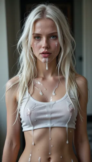 realistic cum, (cum on clothes:1.4), cum on, (Cum flows:1.5), (cum on skinny body:1.4), cum on hair, (cum on face:1.7), bukkake, ((Clothes and body covered with semen)), (cum on hair:1.5), pretty tall and very skinny finnish girl with long messy white hair, cum in eyes, cum in hair