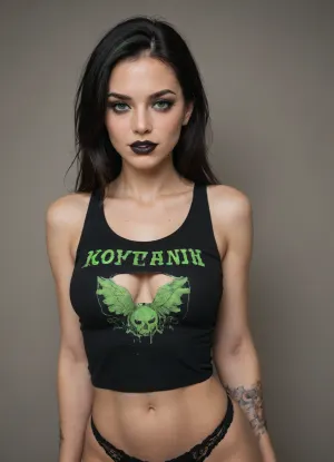 A sexy 23 year old goth woman. She has black hair with a green streak in it. She is wearing a leather crop tank top. Her breast are large. Her breast contained in her shirt. Heavy cleavage. She is wearing black lace panties. Her panties are tight. She has thick black makeup. Winged eyeliner. Black lipstick. Perfect pearly teeth. Doe like eyes. Chiseled facial features. She is skinny.