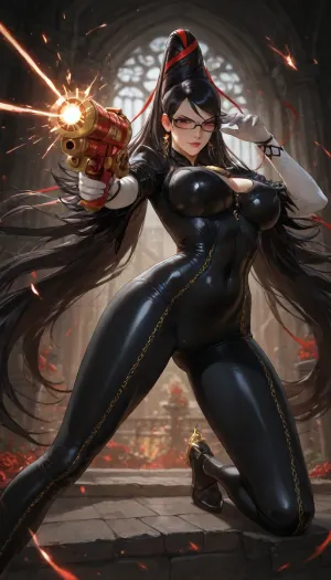 masterpiece, best quality, ultra-detailed illustration, sharp focus, intricate details, highres, absurdres, 1girl, solo, mature woman, 20 years old, adult female, mature features, voluptuous adult body, tall elegant woman, Bayonetta, beautiful detailed face, sharp facial features, confident smirk, full lips, black hair styled in tall beehive updo with red ribbon, long flowing hair strands, cat-shaped golden earrings, ornate butterfly-shaped glasses with red lenses, classic Bayonetta outfit, black skin-tight bodysuit made of magical hair, glossy black texture, revealing cleavage, high collar, gold accents, red rose details, thighhigh boots with high heels and golden guns attached, arm gloves, dynamic combat stance, powerful battle pose, legs wide apart in ready position, slight crouch, one hand holding dual pistols forward, other hand raised with magical energy, hair wings forming on arms, elegant yet fierce fighting pose, perfect anatomy, detailed hands holding guns, toned abs and curvaceous figure, glossy skin, dramatic shadows, dramatic cinematic lighting, volumetric lighting, sparks and magical particles around her, dark elegant background with subtle gothic architecture, from dynamic low angle, full body view with slight upward perspective to emphasize power and legs, hentai style, detailed anime illustration, intense action pose, firing guns with muzzle flash, hair forming Umbra magic wings, wind effect on hair and clothes, high-speed combat movement, determined expression, glowing red eyes behind glasses
