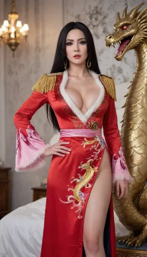 Bao Hancock, female pirate captain, brunette with long black straight hair, Asian appearance, big expressive eyes, sexy tight-fitting floor-length dress, high slit, deep neckline, scarlet satin dress with a golden dragon print, fur on the shoulders, huge natural breasts, narrow waist, abs, wide hips, long slender legs, a, tall, woman, with, dress, epaulette, large, breast, <lora:BoaHancock1024:.8>