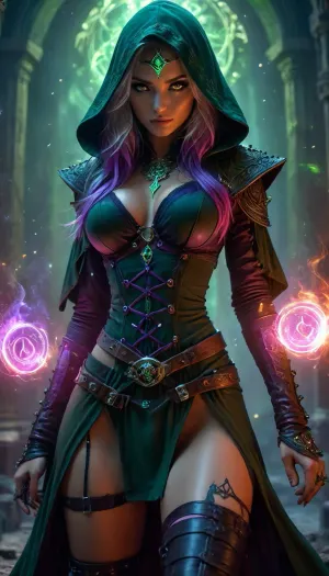 Neonpunk style gamer girl, 25 year old woman, sexy hair, ((in dark castle)), various pose, detailed symmetric beautiful eyes, detailed gorgeous face, exquisite detail, medium height, 34c breasts, sexy clothes, navel piercing, clit piercing, cameltoe, shaved, ((erect detailed nipples)), 111cine8matic55, masterpiece, 32k, (Masterpiece), high quality, Volumetric Lighting, backlight, sexy, slender, fair skin, glowing green-violet aura, ((dark hood, dark fabric dress with red glowing runes and symbols, thigh-high slit, wide belt with a horned skull on the buckle, dark high-cut panties, long flowing cape, thigh-high boots, garter belts, hip belts, spiked shoulder pads, ornate outfit, detailed clothing)), ((green-violet flames on his hands, creating a magical circle with runes, and his eyes glowing with green-violet flames)), Dark, Fantasy, <lora:attractive_notrigger:1.7>, <lora:BUT_SDXL_SHS:1>, <lora:Vivid Midjourney mimic - XL SDXL v2.0:1.8>, <lora:Dark Fantasy:.5>