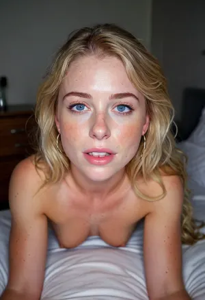 Picture taken from a female in a bedroom, (close up face, angle in front of the female), view from above, (Blonde scandinavian athletic girl with wavy shoulder-length hair, on all fours, tits hanging, naked, soft freckles, detailed blue eyes eyes rolling from pleasure., realistic skin texture, soft smile moaning, silver earrings), male behind her ass, penetration, at night, raw, lighting, overexposed, harsh, flash, <lora:Rawfully Stylish v0.2_epoch_20:.8>, all, fours, <lora:crawling_xl_1e-4:.8>, <lora:MJ52:.8>
