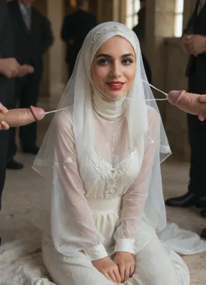 bukkake, cumshot on bride, cum on body, cumshot in her eyes, cum on her lips, red lips, cum on face, cum everywhere, a close up image of kürdian bride face in a sexy and erotic and elegance white wedding dress modest clothing sitting on the ground, in the middle of a group of black men, happy face, black men are happy. in the palace, high quality, great detail.hijab