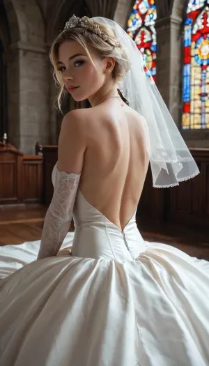 1 woman, realistic photograph of dressed in an white bridal dress and white bride veil, (a tight dress with an open back down to the ButtCrack), (medium breasts), (sunbathing), detailed blonde hair, (in church), detailed church, vivid background, (perfect eyes, blue eyes, symmetrical eyes), (perfect proportion of skinny body), seductive, full lips, studio lighting, hyper realistic, ultra-realistic, high definations, highest quality, ultra realistic, (), photo, of, perfecteyes, wedding dress, from, behind, back view, <lora:mix18:1>, <lora:BUT_SDXL_SHS:.8>, <lora:Microwaist_XL_v01:.4>, <lora:ahxl_v1:.3>, B34ut1ful, 4ndr01d, cyborg, metal, gears, circuits, glowing, <lora:Beautiful_Android:.6>