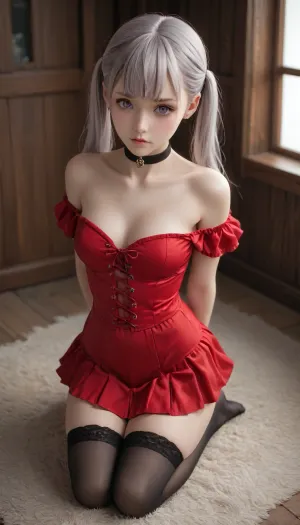 Noelle silva from black clover, long silver hair, ponytails, bold purple eyes. Red leather corset, off the shoulder, mini skirt, black choker, thigh high stockings. B size breasts, thin waist, slender thighs, kneeling knees spread, looking up seductively, view from above, back arched, hands tied behind back