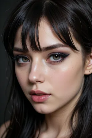 (score_7_up, score_8_up, score_9, 1girl, solo, masterpiece, rating_safe), (fashion magazine portrait of an astonishing 24 year old goth girl:1.2), (makeup model, goth model, fashion model:1.4), (focus on eyes:1.4), (sultry, seductive, seducing, alluring, intimate, sexual, horny, insatiable, lustful, demanding, irresistible, innocent, adorable, cute:1.6), (stylish long hair with defined fringe and bangs:1.4), (beautiful face, adorable face, innocent face, triangular face, delicate features, pixie like:1.4), smokey eyes, limbal rings, winged eyeliner, long eyelashes, (natural skin textures, realistic skin textures, detailed skin textures, vellus hairs), ziprealism