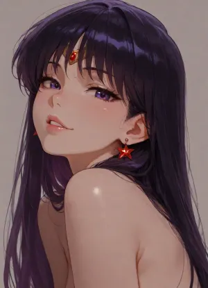 1girl, solo, hino rei, sailor mars, petite, long hair, purple hair, very long hair, purple eyes, naked shoulders, side view, head focus, detailed face, looking at viewer, naughty face, parted lips, teeth, simple background, masterwork, masterpiece, best quality, high detailed, very aesthetic, 8k