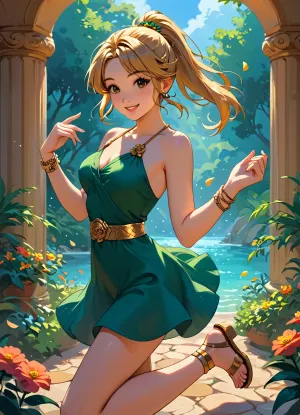 beautiful sexy 20 year old woman, golden hairs, slim body, medium breast, big beautifull Brown eyes, ponytail, <lora:ThePitXL:.5>, <lora:J_cartoon:.5>, <lora:Animated_Concept:.5>, <lora:outline_xl_kohaku_delta_spv5x:2>, sunny summer garden, green mini dress, golden bracelets, thin golden belt, thin golden gladiator sandals, smiling, dancing, one hand up