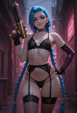 Jinx from Arcane / League of Legends, beautiful young woman with long messy electric blue hair in two long braids with pink tips, pale skin, wide crazy eyes with pink-blue heterochromia, manic playful expression, small flat chest, very narrow boyish hips, slim athletic build, small perky butt.

She is wearing only light blue or white delicate lingerie, tiny lace bra that barely covers her almost flat chest, matching micro panties that sit low on narrow hips, thin straps, semi-transparent fabric. Fishnet stockings with garter belt, black leather choker with spikes, fingerless gloves.

Dynamic pose, standing in a chaotic urban environment or abandoned building, one hand on hip, other hand holding a gun or grenade, playful crazy smile, looking at viewer. Detailed skin texture, realistic anatomy, small breasts, narrow waist and hips, long legs.

Highly detailed, sharp focus, cinematic lighting, vibrant colors, pink and blue neon accents, Arcane art style mixed with photorealism, 8k, masterpiece, best quality, intricate details.