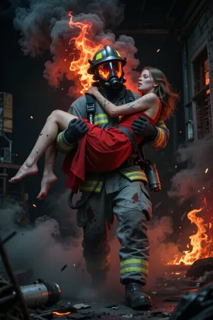 Seen through the firefighter’s visor, the world is nearly black, with fierce red and orange flames cutting through dense smoke, Reflections on the visor capture the glow of the flames as, The air is heavy. A fellow firefighter, fully equipped in a gray, soot-streaked protective suit, oxygen tank and mask, carries a woman horizontally in his arms. She wears a flowing red dress, her bare feet dangling. Her head rests against his chest, eyes closed, her face showing deep gratitude. The visor frames swirling flames, thick smoke, and the urgent rescue. Every detail stands out—her arms around his neck, his steady stride, all illuminated by the chaotic fire in vivid, intense tones, Fantasy setting, cgi Render with imperfections saturated Turquoise and deep red-orange colors Style, The scenario is enveloped in the deepest darkness imaginable, filled with thick, swirling steam and smoke that obscures every surface, the air is heavy, dense, and the faintest glimmers of light barely penetrate the suffocating haze, extreme low light, a dark, (maximum quality:1.5), (high resolution:1.5), zPDXL2, DSLR, ziprealism, (zentangle, tangle, entangle), detailxl, (masterpiece:1.8), (film grain:1.8), Uber realistic, 8k, ultra detailed, masterpiece, (inside a burning house:1.7), The burning room is filled with smoke, flames are shooting. Fully dressed in a dirty, fully equipped highly detailed used grey firefighter's uniform with a Fire jacket, Fire trousers, helmet and tools, An old, used gray oxygen cylinder strapped to the back, heavy boots, (fire Helmet:1.7), her face is completely smeared with soot