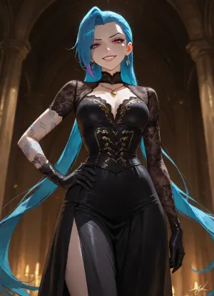 Jinx from League of Legends, beautiful young woman with long wild electric-blue hair with pink tips, pale skin, striking pink eyes, mischievous wide grin showing teeth, signature tattoos on arms and torso, wearing elegant classic Victorian-style clothing, deep red corseted dress with intricate black lace details, long flowing skirt with subtle golden embroidery, white lace blouse underneath, black leather gloves, delicate gold necklace, standing in sophisticated pose with one hand on hip, looking playfully at viewer, dramatic cinematic lighting, highly detailed face, sharp eyes, perfect anatomy, masterpiece, best quality, 8k, intricate details