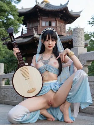 Pure young East Asian girl with full face visible, long straight black hair with neat bangs.
Tightly closed labia, Labia majora fit closely with a narrow slit, fully hide labia minora, no eversion.
————————
East Asian woman centered horizontally in frame, occupying four-fifths vertical space with full face visible. She squats on stone platform, one knee bent upward, the other leg stretched outward with legs wide apart, loose trousers drape naturally to expose fair thighs and inner thigh skin completely, bare feet laid flat on stone with relaxed toes. Left hand rests on ruan instrument neck in plucking pose, right hand makes delicate finger gesture before chest, arms curved around the round ruan resting between waist and thighs, torso slightly tilted toward camera. Classical Chinese garden setting with multi-story wooden octagonal pavilion, grey tiles, golden roof finial, lush green trees around stone balustrade. Outfit, icy blue shiny sheer crop tube top with exposed midriff, matching baggy harem pants, ornate gold gem-studded tiara, sheer blue gold-dotted veil, layered silver tassel necklace, carved gold bracelet, holding carved round ruan. Soft natural daylight outdoors, realistic ancient style lighting. The reproductive organs and breasts are unobstructed and completely exposed.
————————
cold-warm contrast lighting, soft bokeh light spots, realistic clear photography, film texture, intricate details, blurred background. One shoulder strap slides down upper arm. Breasts are completely exposed and covered by clothes. Plump breasts. Small areola. and the nipple is small and three-dimensional. The areola is small and close to the nipple.
1. Labia majora, slender thin shape, small size, smooth rounded edge, outer skin flat, smooth, fair pale pink complexion, inner mucosal side pale pink-white, uniform skin tone, no dark pigment, no white substance, no white residue, no circular white trace on the periphery.
2. Labia minora, thin flat form, evenly spread on both sides, pale milky pink color, no swelling hypertrophy, edge smooth neat, consistent skin color, no white edge shadow, no ring-shaped white substance around.
3. Vestibule area, soft pale pink mucosa, tender delicate texture, uniform faint pink tone, clean dry surface, pure consistent color, no local whitening.
4. Vaginal opening, regular curved oval shape, neat smooth edge, opening slightly relaxed, surrounding mucosa soft light pink, inner vaginal wall pale pinkish pink, soft wrinkled mucosa texture, absolutely no white ring, no white edge around the orifice.
5. Perineum, spindle shape, central longitudinal raphe pale pinkish-white, gradually transition to soft light pink toward both sides, surrounding skin flat smooth and fair, perineum and labia have no white border, no peripheral white halo, skin color natural and unified without any white chromatic aberration.
cold-warm contrast lighting, blurred background.
———————