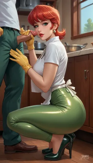 reiq. art style, white MILF, Dexter's mom from Dexter's laboratory, red hair, (fat ass, thighs, hips), dark green pants, dark green short heels, white shirt, white cooking apron, yellow rubber gloves, squatting, handjob