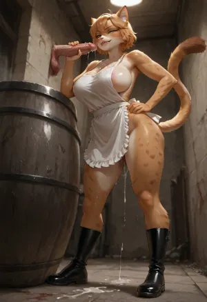 1girl, furry female, feline anthro, catgirl, young adult, short fur covering body, female anatomy, flat crotch, no male genitals, cat ears, feline tail, whiskers, cat nose, feline face, butcher, naked apron, black waterproof apron, apron only, bare shoulders, sideboob, bare back, bare hips, fur-covered breasts visible from side, black rubber rain boots, wellington boots, standing pose, looking down into barrel, one hand resting on hip, other hand holding a severed penis, bringing severed cock toward mouth, tip of detached penis touching her tongue, licking the glans, tasting it, pink rough feline tongue on shaft, disgusted yet curious expression, furrowed eyebrows, narrowed eyes, calculating disdainful gaze, judging the taste, curled upper lip, corner of mouth downturned, contemptuous smirk, milky white viscous droplet hanging from corner of mouth, cum on lips, large iron barrel, industrial metal drum, barrel filled with thick sticky white semen, viscous cum overflowing from barrel rim, stringy strands, cum on chest, milky white viscous droplets on breasts, semen dripping down cleavage, cum splattered on fur, severed human penises scattered across concrete floor, multiple dismembered cocks lying on ground, cut-off dicks on floor in foreground, amputated phalluses around her feet, bloody stumps, detached limp shafts, gore on floor, cum mixed with blood on concrete, semen splattered on walls, pools of cum on ground, dim industrial lighting, single overhead bare bulb, cold blue undertones, damp concrete floor, slaughterhouse atmosphere, full body shot, low angle, photorealistic, hyperrealistic, sharp focus, cinematic lighting, 8K, raw photo, <lora:Realistic_Feline_Hybrids:.8>