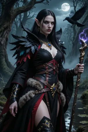 Morrigan from Dragon Age Origins, mysterious apostate witch of the Wilds, pale skin, long black hair, golden eyes, sharp confident gaze, sly enigmatic expression, dark seductive but powerful presence, wearing dark feathered witch-inspired robes with black, crimson, and gold details, leather straps, fur accents, ornate necklace, magical staff in hand, subtle dark magic aura, standing in the Korcari Wilds, misty swamp forest, ancient trees, ravens, moonlit dark fantasy atmosphere, cinematic lighting, realistic RPG character portrait, detailed fabric, feathers, and leather textures, sharp focus, 3/4 view, high detail, high quality, fantasy realism