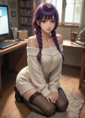 (reiq meets tamada heijun style), masterpiece, best quality, ultra detailed, anime style, 1girl, solo, adult woman, kneeling pose, sitting on her heels, looking at viewer, gentle smile, soft seductive expression, head slightly tilted, long dark purple hair, twin braids, straight bangs, violet eyes, light freckles across nose and cheeks, smooth fair skin, curvy body, large breasts, thick thighs, narrow waist, oversized off-shoulder cream cable-knit sweater dress, long sleeves covering hands, sweater slipping off both shoulders, cozy winter knit texture, black sheer thighhigh stockings, glossy black platform loafers, modern home office, wooden desk, computer monitor, bookshelf, wooden floor, large window, warm afternoon sunlight, soft cinematic lighting, volumetric light rays, cozy atmosphere, photorealistic anime rendering, realistic fabric folds, realistic skin shading, detailed hair strands, depth of field, bokeh, high dynamic range, ray traced lighting, subsurface scattering, sharp focus, intricate details, soft shadows, 8k