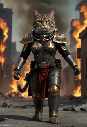 3 tall slim realistic tabby cats, real cat, female cat, feline, walking towards the viewer, surrounded by burning buildings, (european shorthair, brown greeneyes, dark gray fur), in Space Marine Armour, clothes, ktt, artstyle, space, marine, warhammer, 40k, wh40k, adepta, sororitas, 4rt_0f_w4r, <lora:Kitty LoRA - Trigger with KTT Artstyle:1.2>, <lora:WH40XL:1.6>, <lora:adepta_sororitas_xl_v1:1.4>, <lora:ArtOfWar-xl1024-v1a-0__4rt_0f_w4r:1.7>