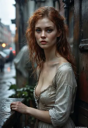 18th century, the young, penniless, drunk, dirty 25-year-old woman stands outdoor in the hard rain, leaning against the wall of the tavern and shamelessly, (offers her young and youthful slender body to passersby for paid sex:1.4), (exposes her firm tits:1.2), torn clothes, self-confident, sexy, redhead hair, unkempt, homeless, night, dynamic, FRESHIDEAS, Real, Photography, 2#, Black, and, white, art, black, shading, charcoal, toned, dark, b/w, color, scheme, longnips, <lora:FRESHIDEAS Real Photography 2#:.6>, <lora:Black and white art.V1:.1>, <lora:MJ52:.4>, <lora:detailed_notrigger:.8>, <lora:longnipsxl:.8>