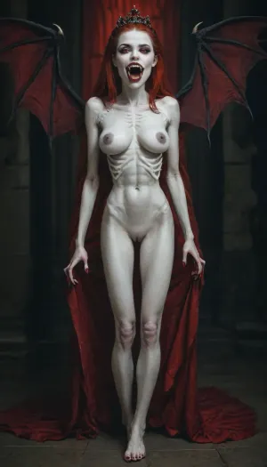 Gothic vampire girl, vampire queen, vampire wings, full body view, (fully nude:1.5), ((very skinny but huge breasts)), (very pale skin:1.8), (visible ribs:1.6), anorexic with huge breasts, very thin belly, ((vampire fangs:1.7)), carmin lips, dark nipples, dark castle background, slim body, (huge breasts), long redhead hair, red eyes, dark make up, red lips, very pale skin, naked, shaved vagina, side, Subspecies, style, <lora:Subspecies style:2>, Perfect, Fangs, fangs, sharp, teeth, fang, <lora:Unfazed vampire - XL SDXL V1.0:.8>