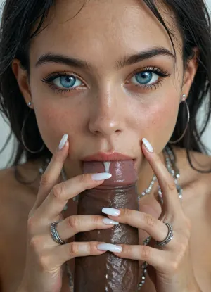 pov, romantic movie scene, (thick huge black cock next to her face:1.6), (zoom out frame:1.6), long black hair, emotive, eye contact, (romantic atmosphere:1), deep blue eyes, (close up:1), romantic light, (perfect manicured very long polish nails:1.3), (silver longest necklaces), silver choker, (she wear lots of silver rings in every finger:1.55), side view, (cum is flowing from penis:1.3), cum orgasmn, cumshot, but, (huge perky dark nipples:1.4), <lora:detailed_notrigger:.5>, <lora:BUT_SDXL_SHS:.5>