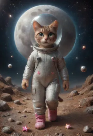 A Rocky grey Lunar landscape on the moon in space. A cute cat walking upright. walking on two feet.A very cute tabby female cat, (very dark brown-grey fur, green eyes), in a toy spacesuit. ktt, artstyle, wandathecat, sparkles, glitter, ral-glitter, <lora:Kitty LoRA - Trigger with KTT Artstyle:1.6>, <lora:wandathecat:.9>, <lora:Surreal_Space-000013:1.1>, <lora:Sparkle_Explosion:1.5>, <lora:ral-glitter-sdxl:1.8>