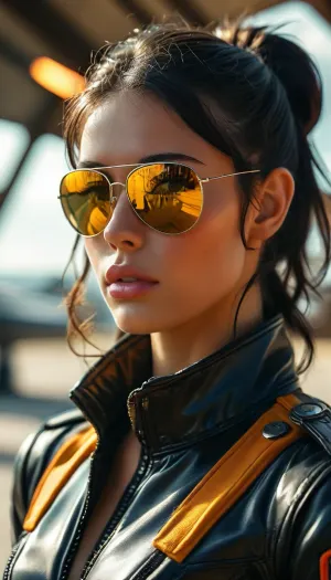 Masterpiece, view from below, French 30 years old woman, tall, ((strict ponytail black hair)), sexy, seductive face, tanned, heavy eyeliner, large natural boobs, ((black jet fighter pilot suit)), (deep cleavage), ((standing)), military airfield, bright sun, perfect hands, ((mirror aviator sunglasses)), <lora:style_lora_realis:.8>, <lora:MJ52:.8>, looking, at, viewer, <lora:looking_at_viewer:.8>