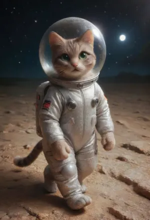 A Rocky grey Lunar landscape on the moon in space. A cute cat walking upright. walking on two feet.A very cute tabby female cat, (very dark brown-grey fur, green eyes), in a toy spacesuit. ktt, artstyle, wandathecat, sparkles, glitter, ral-glitter, <lora:Kitty LoRA - Trigger with KTT Artstyle:1.4>, <lora:wandathecat:.9>, <lora:Surreal_Space-000013:1.5>, <lora:Sparkle_Explosion:1.1>, <lora:ral-glitter-sdxl:1.7>