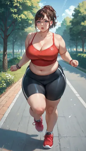 full body view, 1girl solo jogging at park, bouncing tits, (bbw), (glasses), round tits, short brunette ponytail, red spaghetti strapped molded top, black bike shorts