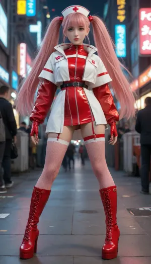 Mid 40s female in a fullfilled cyberpunk-city with many glowing neon signs, a Nurse in s short skinfitting Red Latex nurse body, very long, ((pink pigtails)), White Latex garters and fishnet stockings, Red laced Platform High Heel overknee boots, walks aimless in an cyberpunk-city around