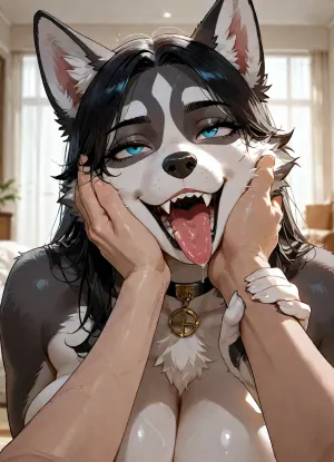 Simple background, masterpiece, best quality, amazing quality, hyperdetailed, ((anthro female, canine, husky woman, blue eyes, Beautiful face, dark-gray fur, dark-gray body, white fur, white body, two-tone body, two-tone fur, thick lower lip, black lip)), chubby body, black nose, fangs, bald, long snout, big breasts, finger claws, naked, black collar, heavy breathing, open mouth, drooling, rolling eyes, saliva, barbed tongue, evil smile, sharp teeth, toned, nude, Big breasts, dynamic angle, side view of head, close-up, mouth focus, pov hands, hand touching cheek, head resting on hand, head tilt, looking at hand, licking hand, interspecies, motion lines, BREAK
1boy, human, light skin, faceless male, (((furry art, anthro female))), detailed eyes, beautiful composition, high contrast, amazing composition, intricate details, ultra-HD, white lighting, high detail, depth of field, (blurred background), living room, <lora:add-detail-xl:1.2>, <lora:LCMTurboMix_Euler_A_fix:.8>