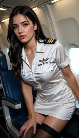 Stunnimg woman, 28 years old, 32K quality photo, dark long hair, dressed in a satin flight attendant's uniform, on a plane, (("Fuck Airways" written on uniform)), leaning forward, short skirt, but, logo, text, sign, that, says, the, word, <lora:BUT_SDXL_SHS:.1>, <lora:texta:2>, <lora:attractive_notrigger:1.7>, <lora:RMSDXL_Darkness_Cinema:.1>