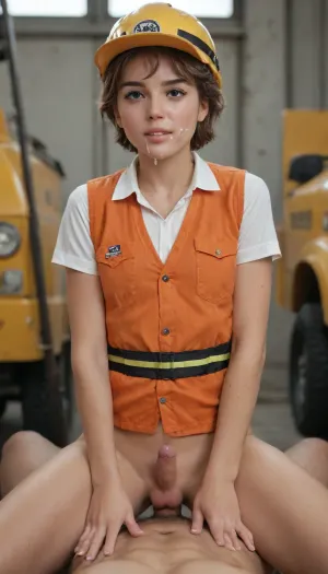 One cute Arabian femboy boy, brown eyes, femboy cute small dick, bow working, brown short hair, open construction worker's vest and helmet, small and breasts, flatchested and small breasts, bottomless, cum in face, at the construction site, high quality, anal sex, boy on top, hair big man master fuck boy, master fat dick