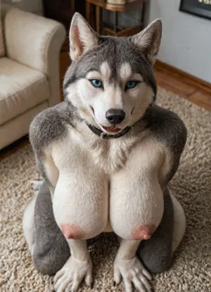 Simple background, masterpiece, best quality, amazing quality, hyperdetailed, ((anthro female, canine, husky woman, blue eyes, Beautiful face, dark-gray fur, dark-gray body, white fur, white body, two-tone body, two-tone fur)), Chubby body, black nose, fangs, smirk, bald, long snout, huge breasts, finger claws, thick thighs, naked, black collar, on knees, from above view, female focus, (((furry art, anthro female))), detailed eyes, beautiful composition, high contrast, amazing composition, intricate details, ultra-HD, white lighting, high detail, depth of field, (blurred background), living room, <lora:add-detail-xl:1.2>, <lora:LCMTurboMix_Euler_A_fix:.8>