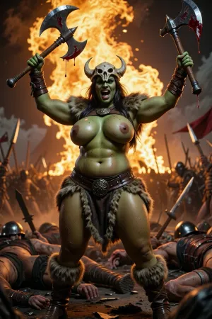 Photo, realistic, cinematic still. A lustful or with green skin and very huge heavy breasts revealed from her furry leather garments. She stands in front of a fiery battleground, enormous fire burn. The yellow glow of fire lights her sweaty body. She is very big and chubby but very strong, gritting her pointed teeth, ready for battle. She wields a war axe in each hand, raised high aloft, blood dripping from the blades. Helm on her head made from bone. The dismembered bodies of her enemies lay slain on the ground.