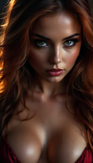woman, extreme Close up, Portrait, beautiful french, instagram model, 25 years old, happy, perfect, slim e body. pulling down her black satin bra to reveal c cup breasts, long bright red tousled hair, hair half up half down, perfect face, eye contact, perfect eyes, gorgeous, sexy, sensual, seductive eyes and look, pulld, <lora:attractive_notrigger:1.7>, <lora:BUT_SDXL_SHS:2>, <lora:Vivid Midjourney mimic - XL SDXL v2.0:.5>, <lora:add-detail-xl:1.6>, <lora:dark:.1>