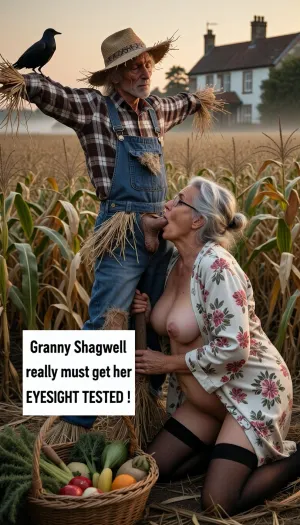Male scarecrow in a field of corn, getting a blowjob from an old granny.
Male scarecrow, Wurzel Gummidge, arms outstretched, straw hat, straw hair, wizened face, plaid shirt, denim dungarees, straw coming out of the arms, legs, and many other places, standing in a endless cornfield at golden late afternoon light, a gentle mist hovering above the ground, a distant Rustic old fashioned English country cottage in the background, an air of mystery, high detail, photorealism, rich depth, intricate corn stalks.

Fat granny kneeling on the floor in front of the scarecrow, wearing a long fully open floral robe dressing gown, side view, obese, massive butt, happy face, wrinkles and laughter lines, old looking skin freckles and spots, her face is hard up against the scarecrows crotch. giving him a blowjob, her robe open to expose very heavy saggy tits, (massive fat saggy breasts), enormous side boob, black stockings. Blonde messy hair with grey roots, glasses, her mouth covering the scarecrows corncob cock almost to the root. Her hands are wrapped around the man’s torso, gripping his buttocks as she pulls him in for a deep blowjob.

The scarecrows corncob cock is being sucked voraciously by the kneeling granny. Highly detailed, his crotch hard up against the womans mouth. only the root of his cock can be seen, the rest is inside the granny’s mouth. The man’s head is thrown back in orgasm. Basket of vegetables by the womans feet. Dark cinematic lighting from the side. Deep shadows. Large crows sit on his straw hat and outstretched arms

White text box “Granny Shagwell really must get her EYESIGHT TESTED !”