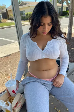 young busty mexican girl, 19 yo. thick curvy build, chubby, pudgy tummy, obese, big hips, mega wide mewto hips, (melanin rich dark brown skin), deep complexion, very tan, long dark brown wavy curly somewhat messy hair, white ribbed button henley crop top, buttons straining, extremely tight across her chest, deep cleavage, extreme low rise grey sweat pants, pink thong waist band visible peeking above pants waist, sitting on a bus stop bench outside in a suburban neighborhood, sunny day, she has a drink with lid and straw in hand, a greasy fast food bag is sitting next to her, crumbs and french fries fallen, high angle view from 3/4 side, closeup on cleavage, (downblouse view), she's busy looking for something in her purse, her gaze is downward on her purse, unaware candid, amateur iphone photo