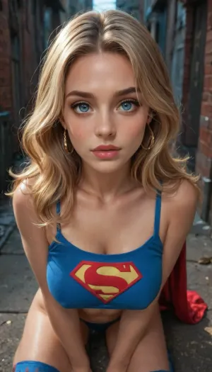 Reiq style, supergirl, in a dark alley at night, pov, face close up, long wavy blond hair, slim body, fine features, large blue eyes, large natural breasts, golden earrings, short blue crop top with supergirl logo, sweaty, scared, kneeling, <lora:add-detail-xl:.8>