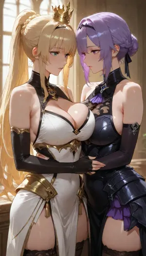 long_hair, breasts, open_mouth, short_hair, blue_eyes, large_breasts, blonde_hair, multiple_girls, long_sleeves, gloves, dress, thighhighs, 2girls, cleavage, bare_shoulders, very_long_hair, medium_breasts, brown_eyes, standing, purple_eyes, braid, purple_hair, multicolored_hair, sidelocks, thighs, cowboy_shot, frills, parted_lips, detached_sleeves, sleeveless, black_gloves, indoors, artist_name, black_thighhighs, elbow_gloves, fingerless_gloves, white_dress, hair_bun, looking_at_another, black_dress, yuri, armor, grey_eyes, clothing_cutout, sleeveless_dress, window, single_braid, cleavage_cutout, single_hair_bun, crown, tiara, tassel, pelvic_curtain, gold_trim, braided_ponytail, black_sleeves, arm_grab, armored_dress, mini_crown, holding_another's_arm, hand_on_another's_arm