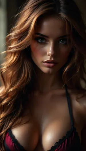 woman, extreme Close up, Portrait, beautiful french, instagram model, 25 years old, happy, perfect, slim e body. pulling down her black satin bra to reveal c cup breasts, long bright red tousled hair, hair half up half down, perfect face, eye contact, perfect eyes, gorgeous, sexy, sensual, seductive eyes and look, pulld, <lora:attractive_notrigger:1.7>, <lora:BUT_SDXL_SHS:2>, <lora:Vivid Midjourney mimic - XL SDXL v2.0:.5>, <lora:add-detail-xl:1.6>, <lora:dark:.1>